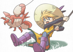 1girl black_eyes black_shirt blonde_hair blue_pants boots commentary_request corphish fishing fishing_rod gen_3_pokemon grass hair_between_eyes hat highres holding holding_fishing_rod nintendo open_mouth pants pokemon pokemon_(creature) pokemon_adventures purple_boots sasami_642 shirt short_hair signature sitting sun_hat teeth tongue tunic upper_teeth_only white_background yellow_(pokemon) yellow_tunic