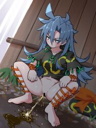 1girl bar_censor barefoot black_shirt blush bottomless bow censored commentary_request full_body grey_eyes grey_hair hair_between_eyes highres himemushi_momoyo long_bangs long_hair looking_down navel orange_bow pee peeing pussy shirt short_sleeves slav_squatting solidus_(sword_cube) solo squatting touhou upper_body variant_set very_long_hair