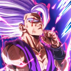 1boy aura blood dragon_ball dragon_ball_super dragon_ball_super_super_hero gohan_beast lightning looking_at_viewer muscular muscular_male red_eyes scratches smug solo son_gohan spiked_hair white_hair