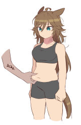 1girl 1other ahoge animal_ears belly_grab bike_shorts black_shorts black_tank_top blue_eyes brown_hair clenched_hands commentary_request cowboy_shot cropped_legs disembodied_hand ears_back hair_between_eyes horse_ears horse_girl horse_tail long_hair mr._c.b._(umamusume) mukakin pinching shorts simple_background solo_focus tail tank_top umamusume white_background