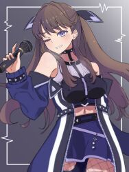 1girl ;d absurdres ampere_(love_live!) bare_shoulders black_shirt blush breasts brown_hair cardiogram coat commentary_request cosplay cowboy_shot fishnet_pantyhose fishnets fujishima_megumi gradient_background grey_background grin highres holding holding_microphone large_breasts link!_like!_love_live! long_hair long_sleeves looking_at_viewer love_live! microphone midriff miniskirt navel o-ring off-shoulder_coat off_shoulder one_eye_closed open_mouth pantyhose paruko0126 purple_eyes shirt simple_background skirt sleeveless sleeveless_shirt smile solo standing sweat two_side_up virtual_youtuber white_shirt