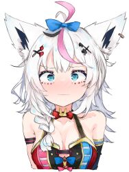 1girl absurdres alternate_costume bare_shoulders blue_bow blue_eyes bow bowtie braid breasts cleavage closed_mouth cosplay dress facial_tattoo fox_girl fox_tail hair_between_eyes hair_bow hair_ornament hairclip highres hololive large_breasts long_hair looking_at_viewer multicolored_dress omaru_polka omaru_polka_(cosplay) red_bow red_bowtie shirakami_fubuki sidelocks single_braid single_sleeve solo star_tattoo suzu_coconatu tail tattoo upper_body white_hair