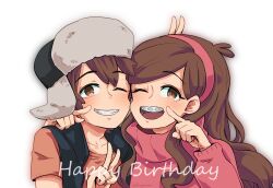 1boy 1girl braces brother_and_sister brown_eyes brown_hair dipper_pines furyou gravity_falls hairband hat headband long_hair long_sleeves mabel_pines open_mouth pink_sweater shirt short_hair siblings smile sweater upper_body
