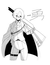 1girl andrea_(ny_000a) closed_mouth coat coat_on_shoulders collared_shirt greyscale highres lapels library_of_ruina looking_at_viewer monochrome notched_lapels original pants project_moon shirt short_hair smile solo thigh_strap vest yongsa_(ishmaelenjoyer)