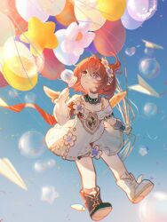 Rule 34 | 1girl, ancient greek clothes, angel wings, anlimil, asymmetrical footwear, black boots, blowing bubbles, blue eyes, blue sky, boots, chinese commentary, commentary request, cross-shaped pupils, dress, flower balloon, greco-roman clothes, head wreath, highres, honkai: star rail, honkai (series), mismatched footwear, pointy ears, sky, solo, star balloon, symbol-shaped pupils, tribbie (honkai: star rail), white boots, white dress, winged boots, wings