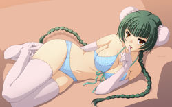 00s 1girl bikini braid bun_cover cameltoe elbow_gloves female_focus gloves gundam gundam_00 highres solo swimsuit tadano_akira thighhighs twin_braids wang_liu_mei