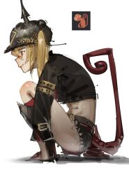 1girl black_helmet black_jacket black_shorts blonde_hair combat_helmet from_side helmet highres jacket luciana_de_montefio micro_shorts monkey_tail pandemoon pickelhaube red_eyes screenshot_inset shorts side_ponytail simple_background solo squatting tail white_background zenless_zone_zero