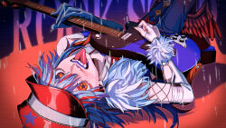 1boy absurdres ado_(utaite) artist_name blood blue_lips electric_guitar fangs fingernails freckles fur_trim gloves guitar hat heterochromia highres instrument kabuto_(kabuto17101) leg_wings long_fingernails long_hair looking_at_viewer lying multicolored_hair nosebleed on_back red_hat rockstar_(ado) single_glove symbol-shaped_pupils tongue tongue_out wings