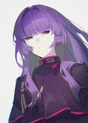 1girl black_capelet blunt_bangs blunt_ends blurry capelet depth_of_field enchant999 expressionless eyelashes floating_hair hair_intakes hair_over_shoulder highres hime_cut hypnosis_mic kotonohatoh_uniform long_hair looking_down looking_to_the_side mature_eyes mature_female medallion pale_skin pink_trim purple_eyes purple_hair simple_background solo tohoten_otome upper_body white_background
