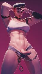 1futa 3d abs absurdres arm_tattoo armpits belt_collar black_eyes bracelet breasts chain choker collar cosplay cowboy_shot crop_top cuffs cutoffs denim denim_shorts final_fight frown fugtrup futanari handcuffs hat highres jewelry large_penis looking_at_viewer medium_breasts muscular muscular_female navel overwatch peaked_cap penis pink_background pink_hair poison_(final_fight) poison_(final_fight)_(cosplay) police_hat protected_link scar scar_across_eye scar_on_face short_hair short_shorts shorts simple_background solo studded_collar tank_top tattoo thick_thighs thighs zarya_(overwatch)
