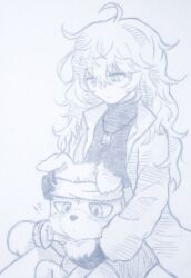 Rule 34 | 1girl, blush, coat, digimon, digimon (creature), embarrassed, gaomon, highres, monochrome