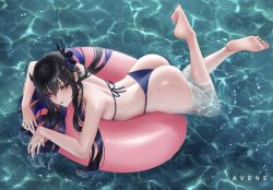 1girl ass avene_chan bikini black_bikini black_hair demon_horns full_body hashtag-only_commentary highres hololive hololive_english horns innertube lying nerissa_ravencroft on_stomach red_eyes solo swim_ring swimsuit virtual_youtuber water
