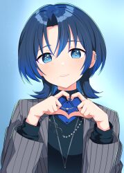 1girl absurdres black_sweater blue_eyes blue_hair blue_nails blue_shirt collared_shirt grey_jacket heart heart_hands highres hiodoshi_ao hiodoshi_ao_(1st_costume) hololive hololive_dev_is jacket jewelry looking_at_viewer medium_hair mole mole_under_mouth necklace pinstripe_jacket pinstripe_pattern shirt solo striped_clothes striped_jacket suit_jacket sweater vertical-striped_clothes vertical-striped_jacket virtual_youtuber wolf_cut zara_(artist)