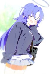 Rule 34 | absurdres, bag, black bag, blonde hair, blue archive, blush, bm tol, closed eyes, highres, hood, hoodie, lap, open mouth, shoulder bag, smile