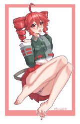 1girl absurdres barefoot feet highres kasane_teto light_blush long_hair looking_at_viewer open_mouth panties pantyshot pyruvate red_eyes red_hair soles striped_clothes striped_panties toes underwear vocaloid