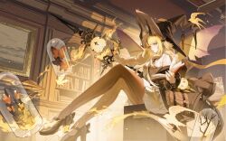1girl arknights black_butterfly black_hat black_horns black_jacket black_shoes blonde_hair book bookshelf brown_butterfly brown_pantyhose bug butterfly chinese_commentary commentary_request dress fire floating_hair full_body gold hat high_heels highres holding holding_book horns indoors insect jacket light_particles long_hair long_sleeves looking_at_viewer magic off_shoulder official_alternate_costume open_book pantyhose picture_frame pleated_dress procreate_(medium) pyrokinesis reed_(arknights) reed_the_flame_shadow_(arknights) reed_the_flame_shadow_(curator)_(arknights) shoes sitting solo white_dress witch_hat yellow_eyes zhuo_soleil