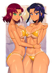 2girls absurdres bare_arms bare_hips bare_legs bare_shoulders bikini blackfire border breasts breasts_squeezed_together cowboy_shot dc_comics english_text female_focus from_side gluteal_fold gold_bikini golden_week golden_week_bikini green_eyes hand_on_another&#039;s_waist highres looking_at_viewer looking_to_the_side midriff multiple_girls navel pulling_own_clothes purple_eyes purple_hair satelyte shiny_clothes siblings sisters starfire swimsuit tan tanline teen_titans thighs white_border