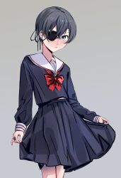 1boy absurdres blue_eyes blush ciel_phantomhive closed_mouth crossdressing earrings eyepatch fingernails hair_between_eyes highres jewelry kuroshitsuji long_sleeves looking_at_viewer male_focus shirt short_hair simple_background solo uneasywolf