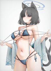 1girl absurdres animal_ear_fluff animal_ears awun bare_shoulders black_eyes black_hair blue_archive blue_haori blush breasts cat_ears cat_girl cat_tail closed_mouth haori highres japanese_clothes kikyou_(blue_archive) kikyou_(swimsuit)_(blue_archive) looking_at_viewer multiple_tails navel official_alternate_costume parted_bangs short_hair solo stomach tail two_tails