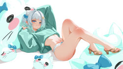 1girl ahoge alternate_costume blue_eyes blush blush_stickers bow feet frilled_panties frills gradient_hair green_hair hair_bow hair_ornament high_heels highres indie_virtual_youtuber legs looking_at_viewer looking_down loose_clothes maid_headdress mint_fantome mole mole_on_ass multicolored_hair panties pointy_ears sansha_art simple_background solo toeless_legwear toes triangular_headpiece underwear virtual_youtuber white_background white_hair wisps_(mint_fantome) x_hair_ornament