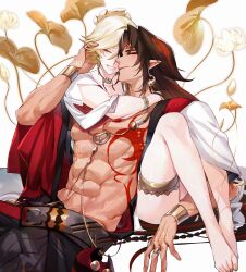 2boys abs absurdres asura_(onmyoji) bishounen black_hair blonde_hair bracelet chest_tattoo closed_eyes closed_mouth eyeliner facial_mark feet fingernails full_body highres hug hug_from_behind jewelry konsai_2 long_hair makeup male_focus multicolored_hair multiple_boys muscular muscular_male nail_polish navel onmyoji pectorals red_eyeliner red_hair red_tattoo short_hair simple_background streaked_hair taishakuten_(onmyoji) tattoo teeth toenail_polish toenails two-tone_hair white_background yaoi