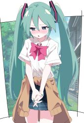 Rule 34 | 1girl, absurdres, aqua eyes, aqua hair, aqua nails, averting eyes, blue skirt, blush, bow, bowtie, brown cardigan, cardigan, cardigan around waist, clothes around waist, collared shirt, cowboy shot, day, embarrassed, green eyes, green hair, green nails, hair between eyes, hair ornament, hatsune miku, highres, hutaba haru, interlocked fingers, jacket, jacket around waist, long hair, looking down, miniskirt, nail polish, nose blush, open mouth, outdoors, own hands together, pink bow, pink bowtie, plaid clothes, plaid skirt, pleated skirt, red bow, red bowtie, school uniform, shirt, short sleeves, skirt, solo, standing, sweater, sweater around waist, tree, twintails, v arms, very long hair, vocaloid, white shirt
