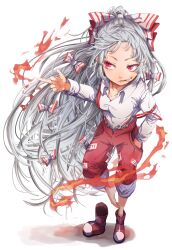 Rule 34 | 1girl, absurdres, boots, bow, breasts, cigarette, closed mouth, commentary request, fire, fujiwara no mokou, full body, hair bow, hand in pocket, highres, long hair, looking to the side, medium breasts, middle finger, mouth hold, multiple hair bows, nuru himmel, ofuda, ofuda on clothes, pants, parted bangs, plantar flexion, pyrokinesis, red boots, red eyes, red pants, scratching, scratching with foot, shirt, smoking, solo, standing, standing on one leg, suspenders, suspenders slip, touhou, very long hair, white background, white bow, white shirt