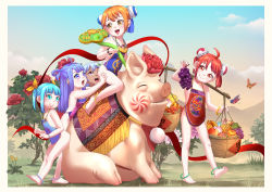 5girls a-801 absurdres acfun acfun_girl ahoge anklet apron aqua_eyes aqua_hair barefoot basket blue_eyes blue_hair border bracelet bug butterfly casual_nudity chinese_clothes dark-skinned_female dark_skin day double_bun dudou facial_mark feet flower food forehead_mark fruit grapes hair_bun hair_ribbon highres insect jewelry loli long_hair looking_at_another looking_at_viewer multiple_girls naked_apron necklace no_panties open_mouth orange_hair outdoors pig purple_eyes red_eyes red_hair ribbon riding short_hair smile td_girl toes two_side_up white_border yellow_eyes yoke