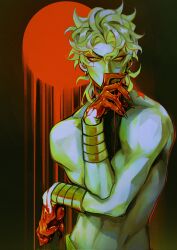 1boy birthmark black_background blonde_hair blood blood_drip blood_on_hands bracelet covering_own_mouth dio_brando earrings fingernails hand_over_own_mouth highres jewelry joestar_birthmark jojo_no_kimyou_na_bouken long_eyelashes long_fingernails looking_at_viewer male_focus mole mole_on_ear mullet multiple_moles muscular red_background simple_background slit_pupils stardust_crusaders sun topless_male two-tone_background upper_body yellow_eyes yissopiart
