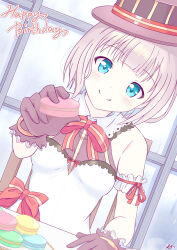 1girl bare_shoulders blue_eyes breasts food hat highres iris_mysteria! k_(nura-rikuo) looking_at_viewer macaron medium_breasts porin_von_heilbronn solo