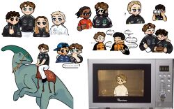Rule 34 | ..., 1girl, 6+boys, 83tanawin, ?, alexander albon, andrea kimi antonelli, beard stubble, binoculars, black eyes, black hair, black shirt, blonde hair, blue eyes, blue hat, blush stickers, brown hair, brown hat, closed eyes, closed mouth, commentary, dark-skinned male, dark skin, deformed, dinosaur, doriane pin, english commentary, english text, f1 academy, facial hair, ferrari, formula one, gabriel bortoleto, george russell, gradient hair, hand on another&#039;s shoulder, hand up, happy, hat, highres, holding, holding binoculars, holding unworn clothes, holding unworn hat, index finger raised, lando norris, lewis hamilton, long hair, looking at another, looking at viewer, mclaren, mercedes-benz, microwave, multicolored hair, multiple boys, nico hulkenberg, open mouth, oscar piastri, petronas, profanity, real life, red shirt, riding, riding dinosaur, sauber, shirt, short hair, short sleeves, simple background, smile, speech bubble, stubble, sunglasses, t-shirt, unworn hat, unworn headwear, v, valtteri bottas, white background, white shirt, williams racing
