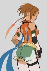 1girl ass blonde_hair braid breasts final_fantasy final_fantasy_x fingerless_gloves gloves green_eyes green_shorts hair_ornament highres looking_at_viewer medium_breasts mossan351 rikku_(ff10) shorts simple_background smile solo tongue tongue_out