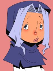 1girl blue_hair blue_hood closed_mouth commentary_request curtained_hair expressionless grey_eyes hood hood_up kumoi_ichirin lips looking_at_viewer medium_hair onikobe_rin parted_bangs pink_background shirt simple_background solo touhou upper_body white_shirt