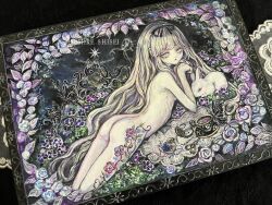 Rule 34 | 1girl, acrylic paint (medium), ass, bird, blonde hair, bug, butterfly, commentary request, cup, expressionless, flower, green eyes, highres, insect, long hair, looking at viewer, lying, nude, on stomach, original, painting (medium), pale skin, petals, photo (medium), pocket watch, rose, solo, sumire shisei, teacup, traditional media, very long hair, watch, white rabbit (animal)