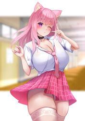 1girl :o absurdres amemiya_arikapu animal_ear_fluff animal_ears arm_up black_choker blush bow bowtie breasts cat_ears cat_girl choker cleavage cowboy_shot gyaru highres indie_virtual_youtuber kouya_no_naga_samurai large_breasts long_hair looking_at_viewer loose_bowtie miniskirt necktie one_eye_closed pink_hair pink_necktie pink_skirt school_uniform shirt shirt_tucked_in short_sleeves skirt smile solo tenshouin_himeno thighhighs thighs v virtual_youtuber white_shirt white_thighhighs