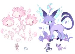 blank_eyes blue_eyes charamells chibi chibi_inset crescent cursola espeon floating forehead_jewel full_body fusion galarian_articuno galarian_form gen_2_pokemon gen_8_pokemon ghost highres legendary_pokemon nintendo no_humans pink_eyes pokemon pokemon_(creature) simple_background smoke snom sparkle standing white_background