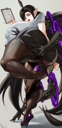 1girl ass ass_grab black_hair breasts cameltoe clipboard commission covered_erect_nipples disembodied_hand female_focus grabbing_another&#039;s_breast grope groping high_heels highres holding_breasts huge_ass huge_breasts leg_up lipstick long_hair looking_at_viewer makeup nipples noblood_(ryandomonica) office_lady original pantyhose pointy_ears portal portal_(series) skirt solo thick_thighs thighs wide_hips