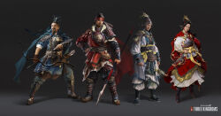 1girl 3boys absurdres armor arrow_(projectile) beard black_background blue_cape boots bow_(weapon) breastplate cape chinese_armor chinese_clothes dress facial_hair feathers futou gauntlets gloves guan_hat han_dynasty hand_on_own_hip hanfu headband headdress helmet highres holding holding_polearm holding_weapon leather leather_armor leather_boots logo lulu_zhang multiple_boys official_art polearm red_cape red_dress romance_of_the_three_kingdoms sash shoulder_armor single_glove spear sun_ce sun_ren taishi_ci total_war total_war:_three_kingdoms turban weapon whisk yellow_sash zhou_yu