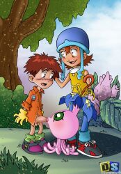 blush denim digimon digimon_(creature) digimon_adventure drawn-sex erection izumi_koshiro jeans loli open_mouth oral orange_hair pants pyocomon shota takenouchi_sora tree