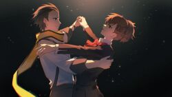 1boy 1girl black_hair black_jacket black_skirt brown_hair dark_background gekkoukan_high_school_uniform grey_pants hair_ornament hair_slicked_back hand_on_another&#039;s_back highres holding_hands jacket light_particles lluyss long_sleeves mochizuki_ryouji pants persona persona_3 persona_3_portable ponytail red_eyes scarf school_uniform shiomi_kotone shirt skirt smile suspenders white_shirt x_hair_ornament yellow_scarf