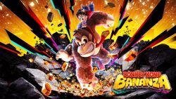 1boy 1girl brown_hair clenched_teeth copyright_name donkey_kong donkey_kong_(series) donkey_kong_bananza highres key_visual logo necktie nintendo official_art open_mouth pauline_(mario) pauline_(young)_(mario) promotional_art punching red_necktie rock smile teeth third-party_source