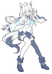 1girl ahoge animal_ear_fluff animal_ear_piercing animal_ears aqua_eyes bare_shoulders black_boots black_shorts black_tail black_thighhighs blue_neckerchief boots braid crossed_bangs detached_sleeves double-parted_bangs earrings extra_ears fox_ears fox_girl fox_shadow_puppet fox_tail front_slit full_body highres hololive hood hoodie jewelry long_hair looking_at_viewer low-tied_long_hair minkof_nn multicolored_tail navel neckerchief pentagram sailor_collar shirakami_fubuki shirakami_fubuki_(1st_costume) shorts side_braid sidelocks simple_background single_braid single_earring single_thighhigh solo tail thigh_strap thighhighs virtual_youtuber white_background white_hair white_hoodie white_tail wide_sleeves