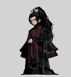 1boy absurdres baggy_pants black_boots black_coat black_eyes black_hair black_hanfu boots chinese_clothes coat hair_ornament hairpin hanfu high_ponytail highres jia_qiu_(project_moon) limbus_company long_hair long_sleeves open_clothes open_coat pants ponytail project_moon red_trim scar scar_on_face sidelocks solo sprite_art stole teko1193 white_background