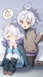 1girl 2boys ahoge brown_jacket character_request child cloak eating highres jacket kneeling multiple_boys open_mouth purple_scarf red_eyes scarf sitting smile so_zei_tama_tama zenless_zone_zero