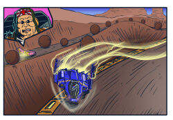 1boy action aircraft aviator_cap blue_falcon border boulder brown_headwear close-up cutoffs desert drifting f-zero fire_stingray flying_car hover_vehicle jrcomicart male_focus nintendo open_mouth race_vehicle racing rimless_eyewear samurai_goroh science_fiction sunglasses sweat teeth thrusters torn_clothes torn_sleeves upper_teeth_only vehicle_focus white_border