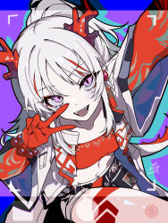 1girl :d absurdres arknights bandeau beads braid chinese_commentary collarbone colored_extremities commentary_request crop_top dragon_girl dragon_horns earrings fangs grey_hair halftone highres horns jewelry looking_at_viewer medium_hair midriff multicolored_hair navel nian_(arknights) open_mouth pink_eyes pointy_ears red_bandeau red_hair selfie smile solo streaked_hair synzmayu taking_picture teeth upper_teeth_only user_interface viewfinder