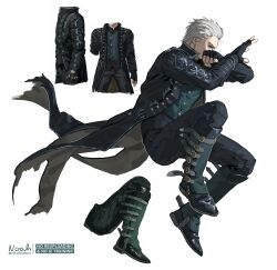 1boy absurdres artist_name black_coat black_gloves black_pants black_shoes clenched_hand coat devil_may_cry_(series) devil_may_cry_5 fingerless_gloves full_body gaiters gloves grey_hair hair_slicked_back hand_over_face highres long_coat male_focus multiple_views noah_(rokoroko) pants shoes short_hair solo twitter_username vergil_(devil_may_cry) white_background