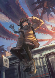Rule 34 | 1girl, absurdres, arm up, artist name, backpack, bag, black hair, black hat, black pantyhose, blue eyes, boots, character name, closed mouth, coat, commentary, day, english commentary, franlol, full body, goggles, goggles on headwear, hat, highres, lace-up boots, long sleeves, looking ahead, original, outdoors, pantyhose, short hair, sitting, solo, yellow boots, yellow coat