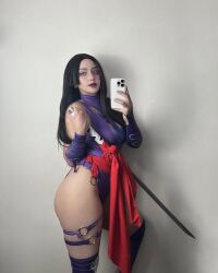 1girl animated ass black_hair cosplay curvy female_focus ghostidoll highleg highleg_leotard highres indoors leotard lying marvel marvel_rivals on_side psylocke psylocke_(cosplay) psylocke_(marvel_rivals) purple_leotard purple_thighhighs real_life revealing_clothes selfie smile solo thick_thighs thighhighs thighs thong_leotard wide_hips x-men