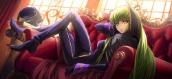 Rule 34 | 1girl, arm up, artist request, black cape, black gloves, black headwear, blue bodysuit, blue shoes, bodysuit, breasts, c.c., cape, code geass, code geass: lost stories, cosplay, couch, crossed legs, dutch angle, female focus, from behind, game cg, gloves, gold trim, green hair, hand on own cheek, hand on own face, helmet, high collar, highres, indoors, long hair, long sleeves, looking at viewer, looking back, lying, medium breasts, non-web source, official art, on back, on couch, parted lips, shoes, sidelocks, solo, teeth, two-sided cape, two-sided fabric, unworn headwear, unworn helmet, window, yellow eyes, zero (code geass), zero (code geass) (cosplay)